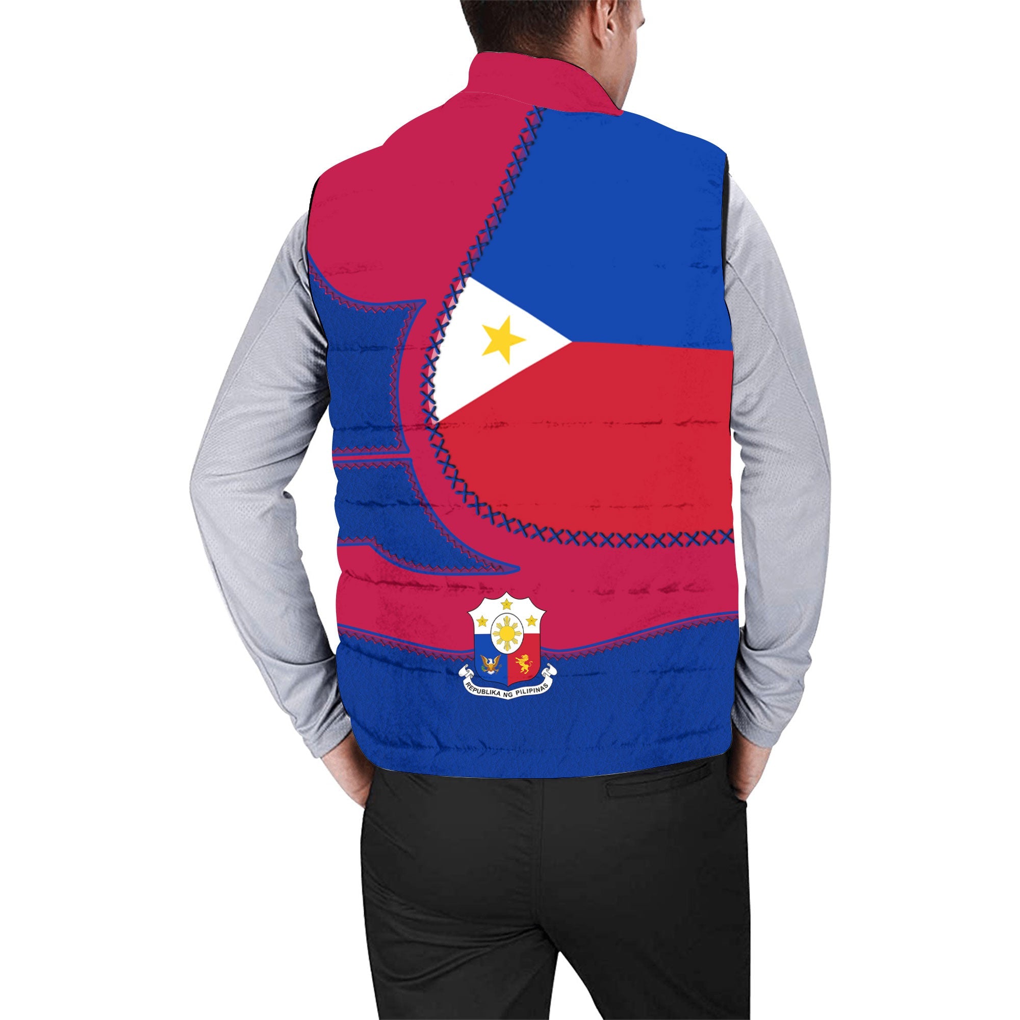 Philippines Men Padded Jacket Vest Flag & Coat Of Arms Leather Style