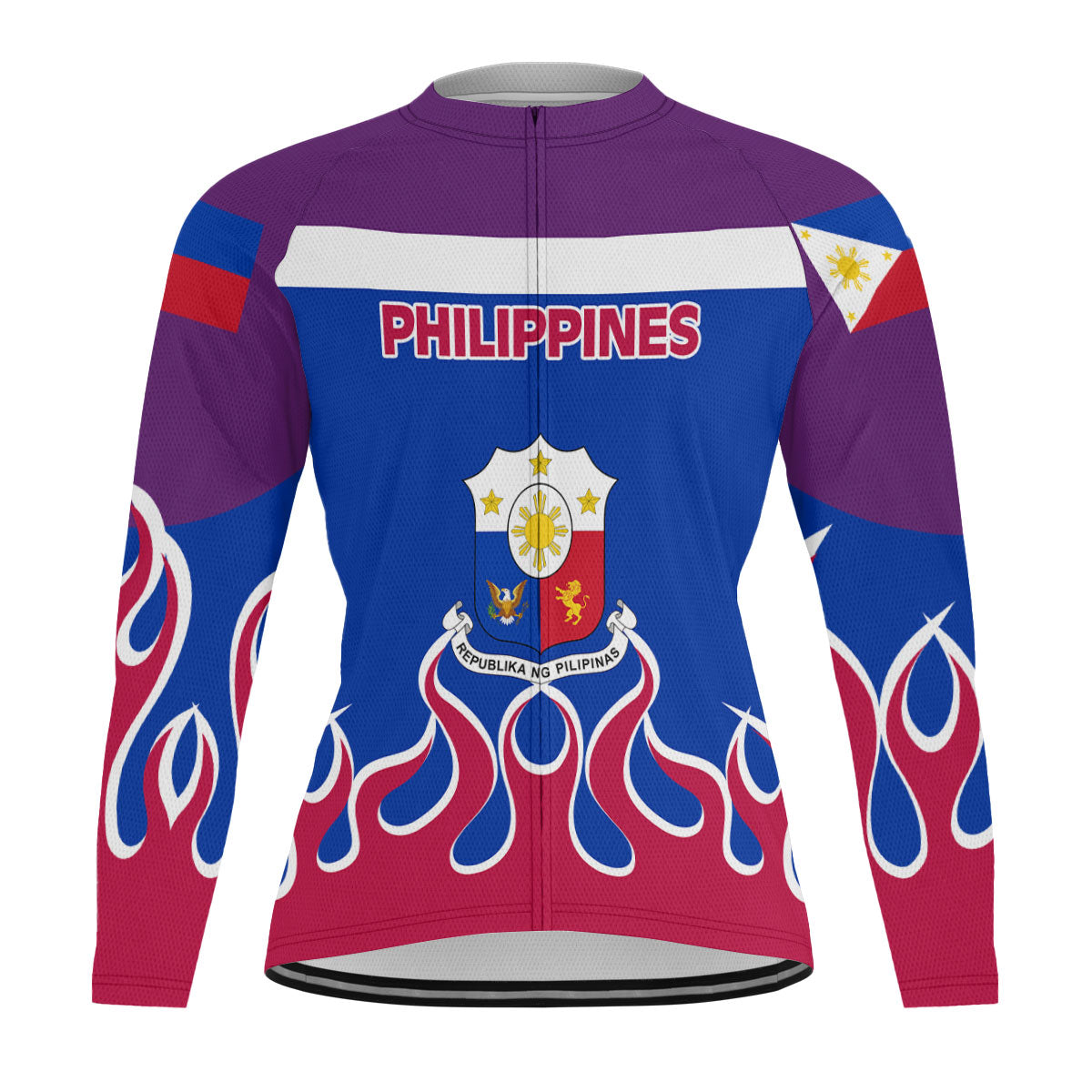 Philippines Men's Cycling Jersey Long Sleeve Flag & Coat Of Arms Fire Hockey Style