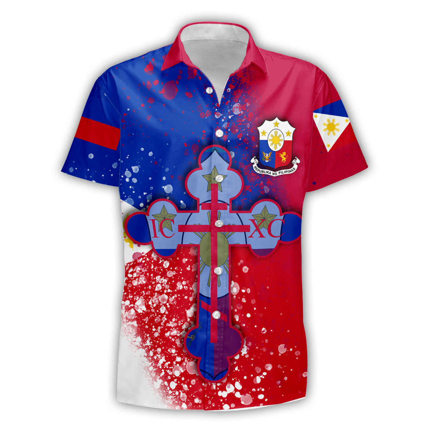 Philippines Short Sleeve Shirt Flag & Coat Of Arms Orthodox Style