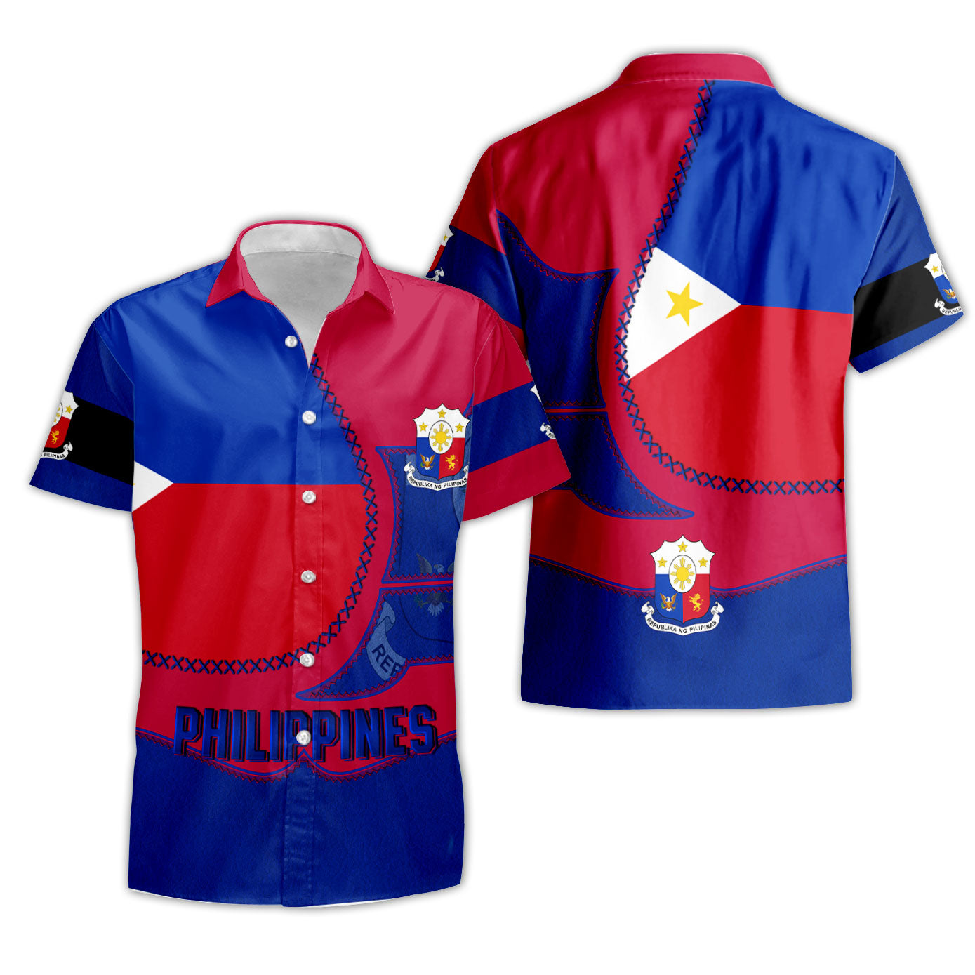 Philippines Short Sleeve Shirt Flag & Coat Of Arms Leather Style