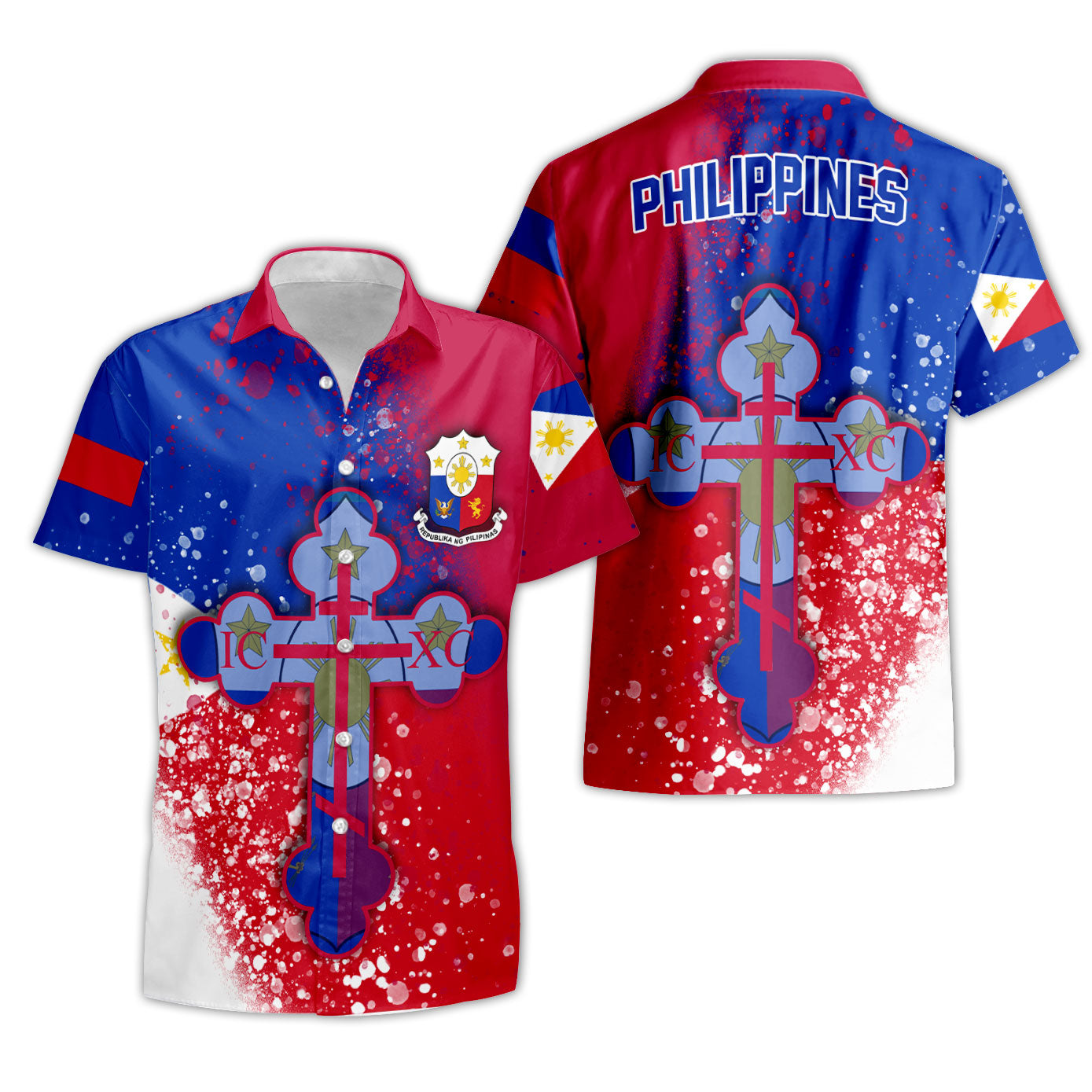 Philippines Short Sleeve Shirt Flag & Coat Of Arms Orthodox Style