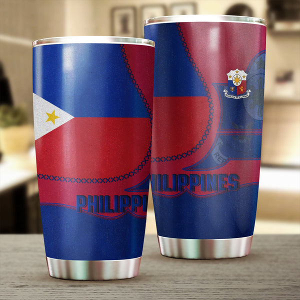 Philippines Stainless Steel Glitter Tumbler Flag & Coat Of Arms Leather Style