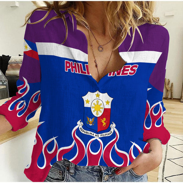 Philippines Women Casual Shirt Flag & Coat Of Arms Fire Hockey Style