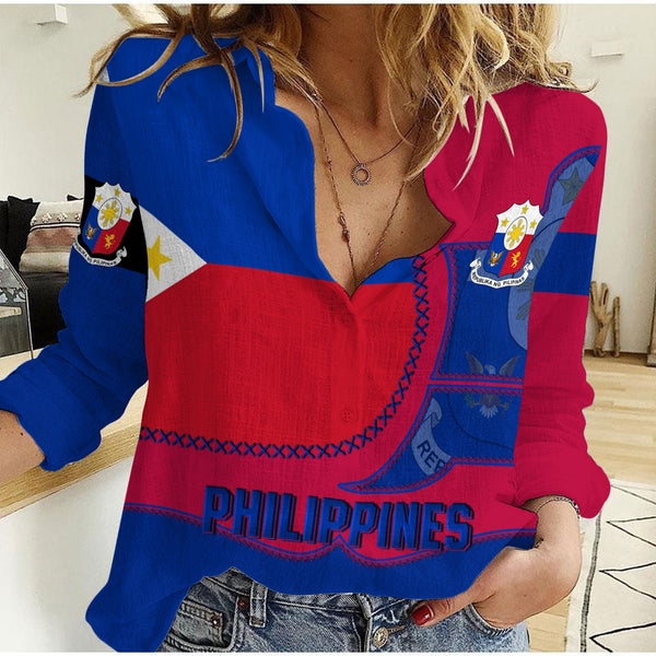 Philippines Women Casual Shirt Flag & Coat Of Arms Leather Style