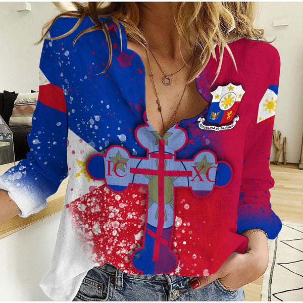 Philippines Women Casual Shirt Flag & Coat Of Arms Orthodox Style