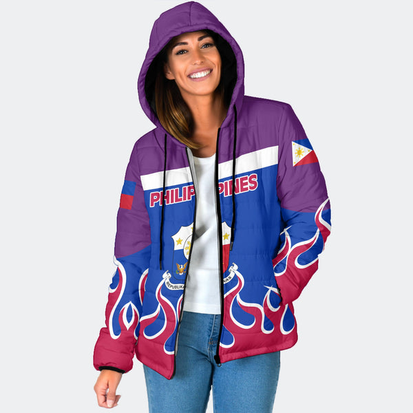 Philippines Women Hooded Padded Jacket Flag & Coat Of Arms Fire Hockey Style