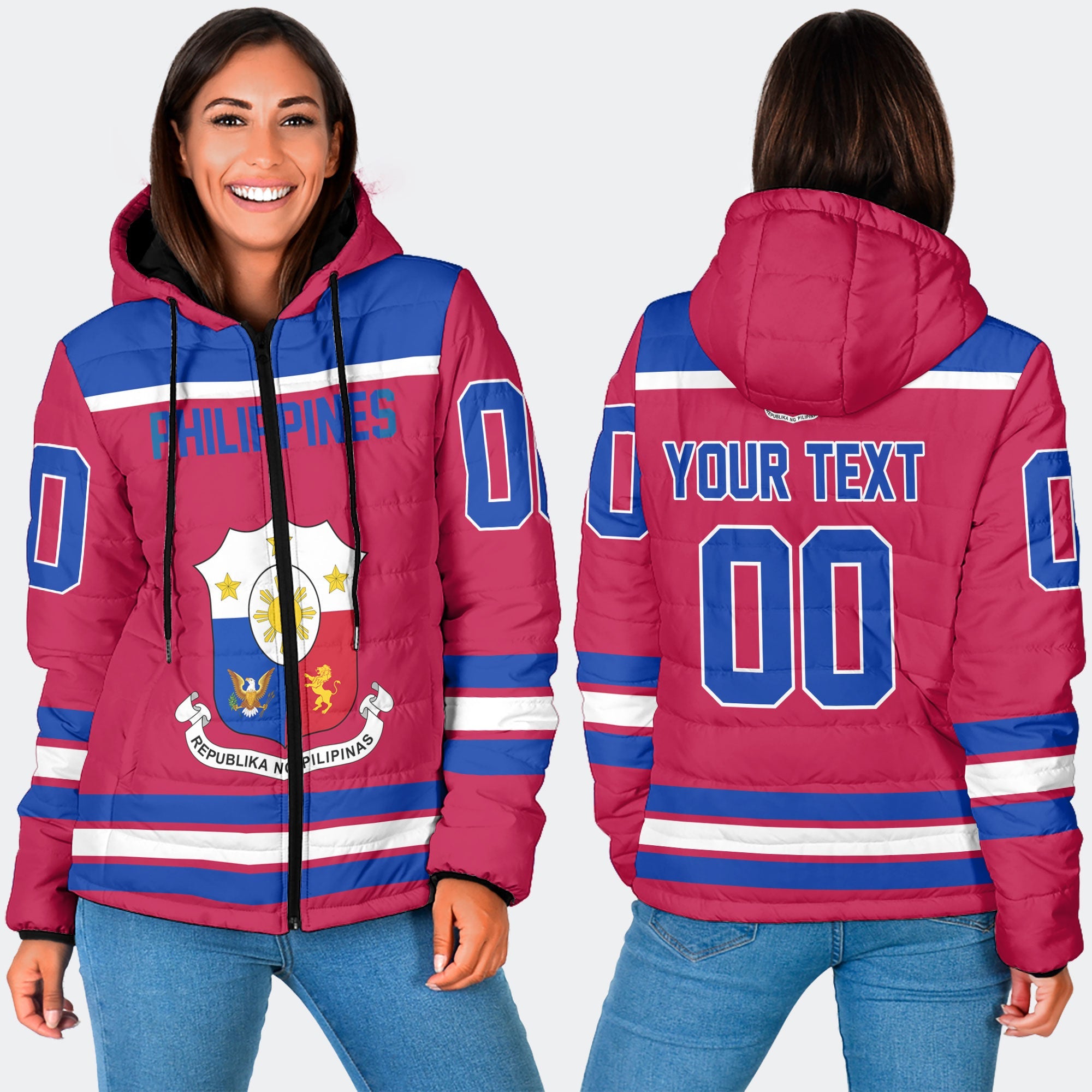 Philippines Women Hooded Padded Jacket Flag & Coat Of Arms Hockey Style