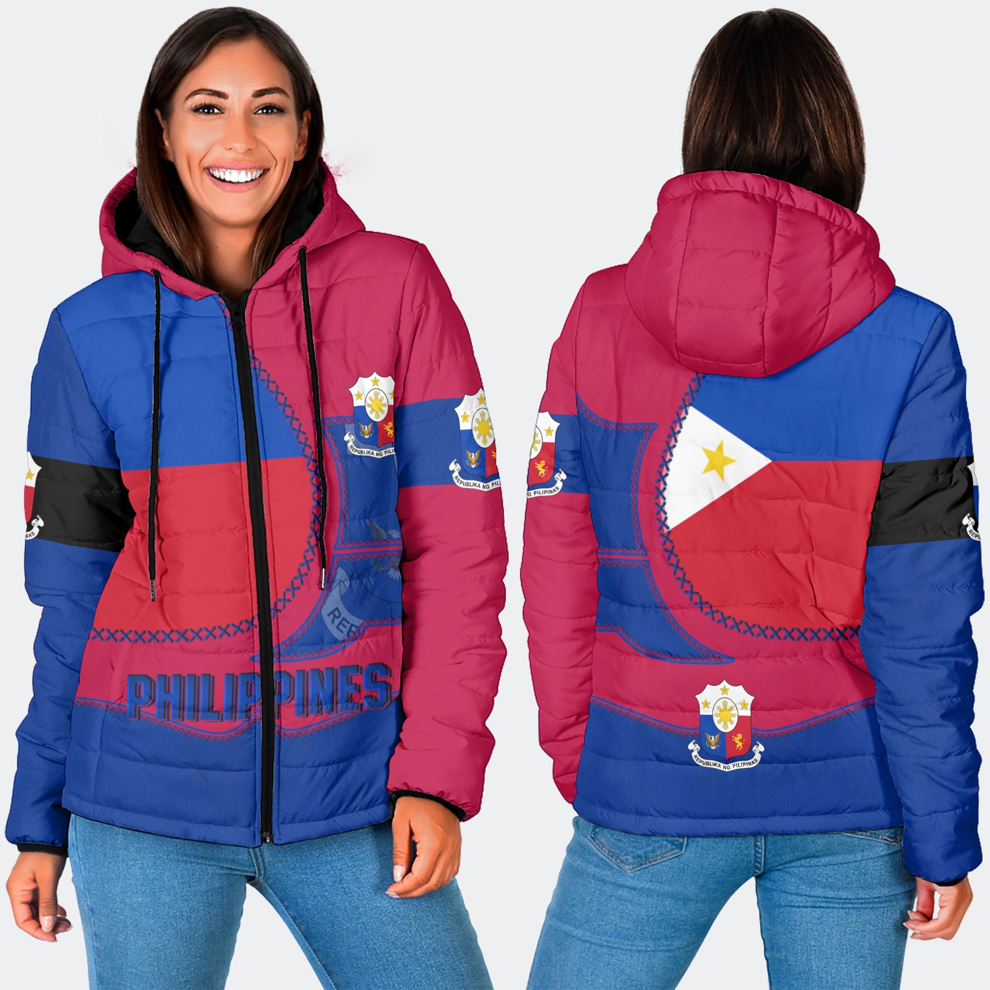 Philippines Women Hooded Padded Jacket Flag & Coat Of Arms Leather Style