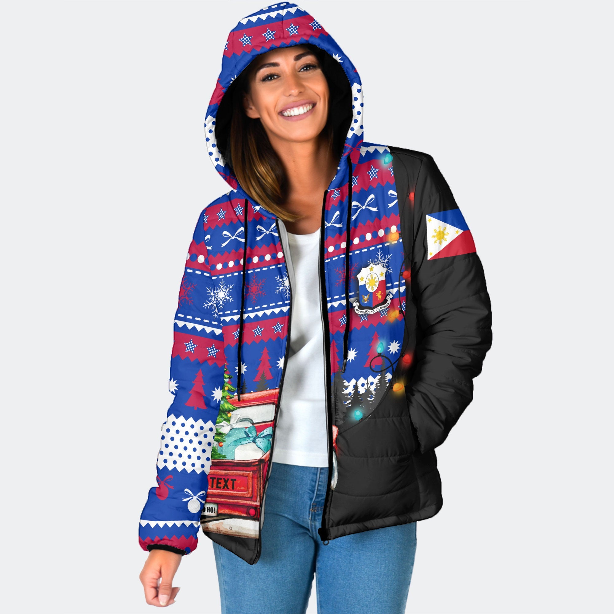 Philippines Women Hooded Padded Jacket Coat Of Arms Christmas Style