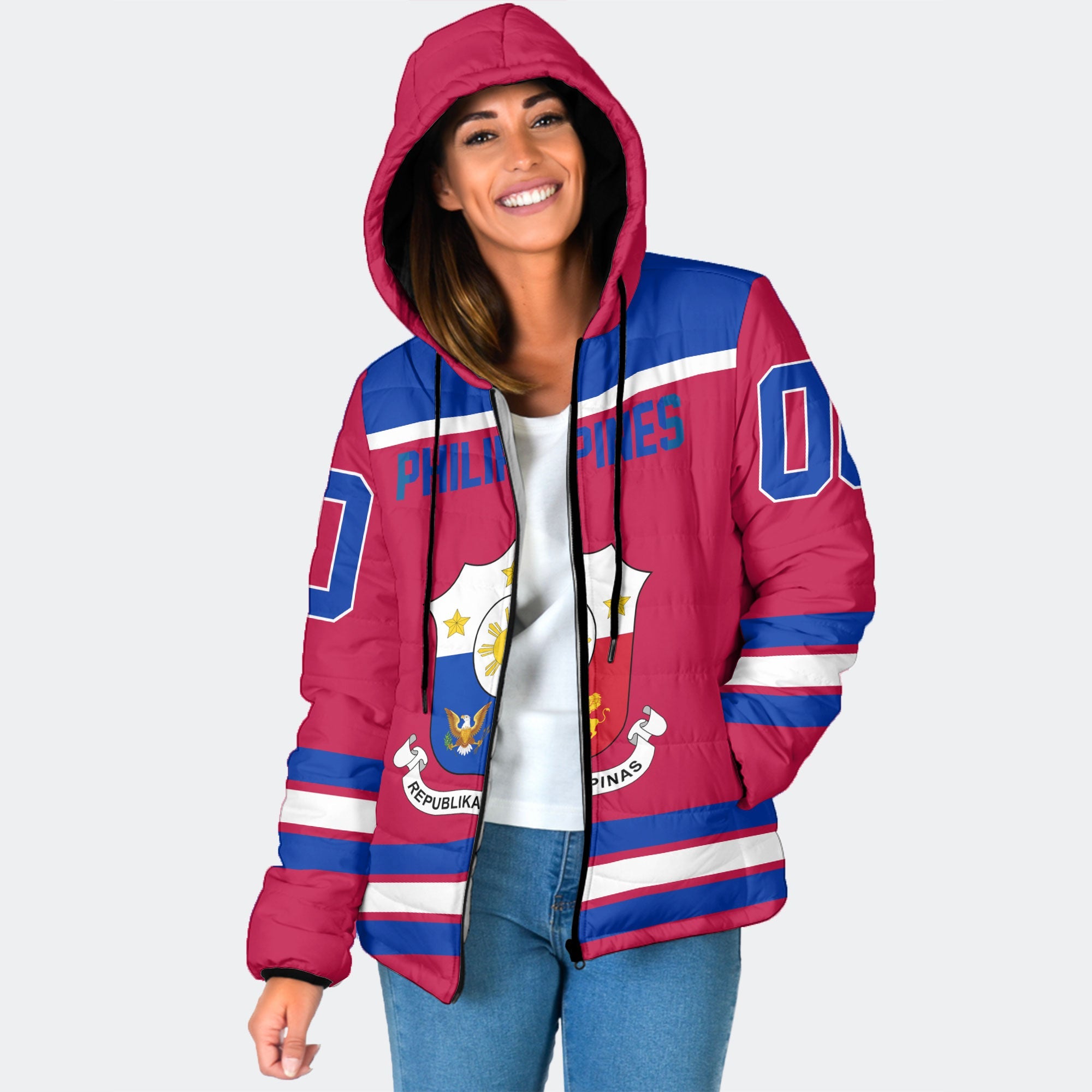 Philippines Women Hooded Padded Jacket Flag & Coat Of Arms Hockey Style