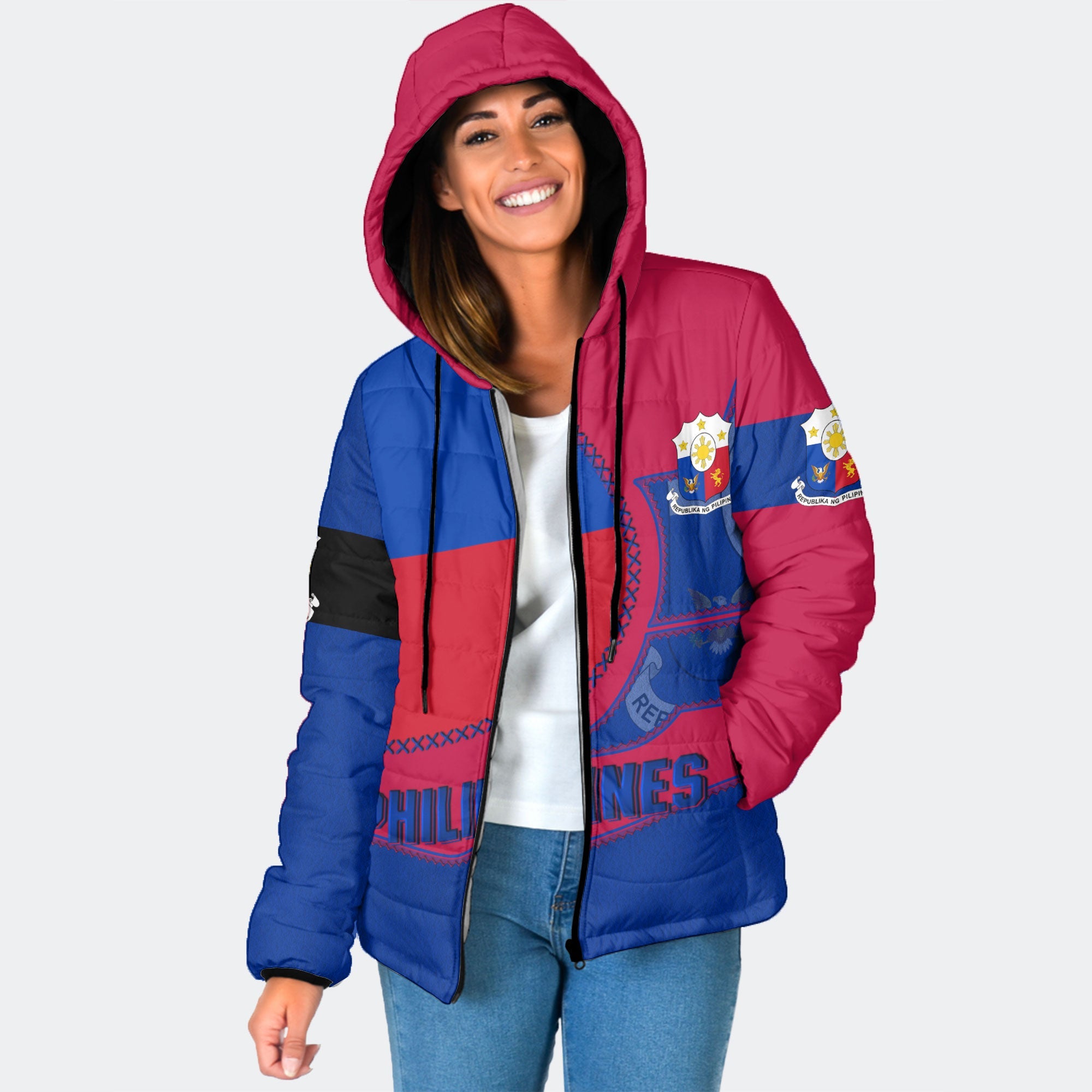 Philippines Women Hooded Padded Jacket Flag & Coat Of Arms Leather Style