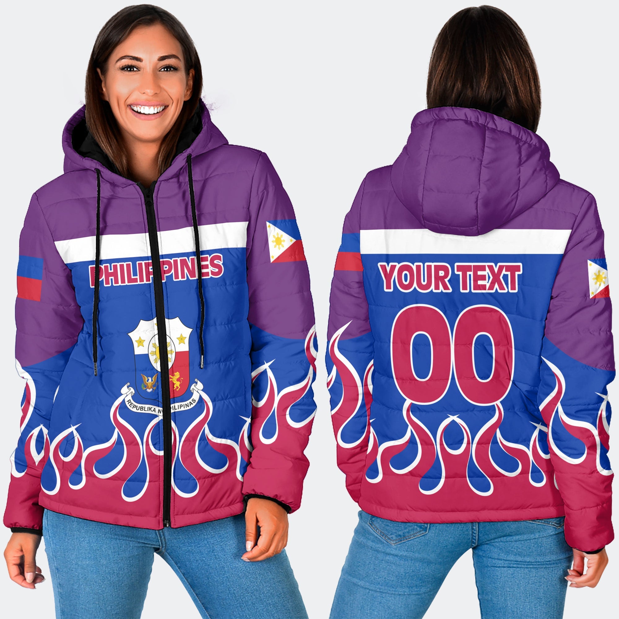 Philippines Women Hooded Padded Jacket Flag & Coat Of Arms Fire Hockey Style