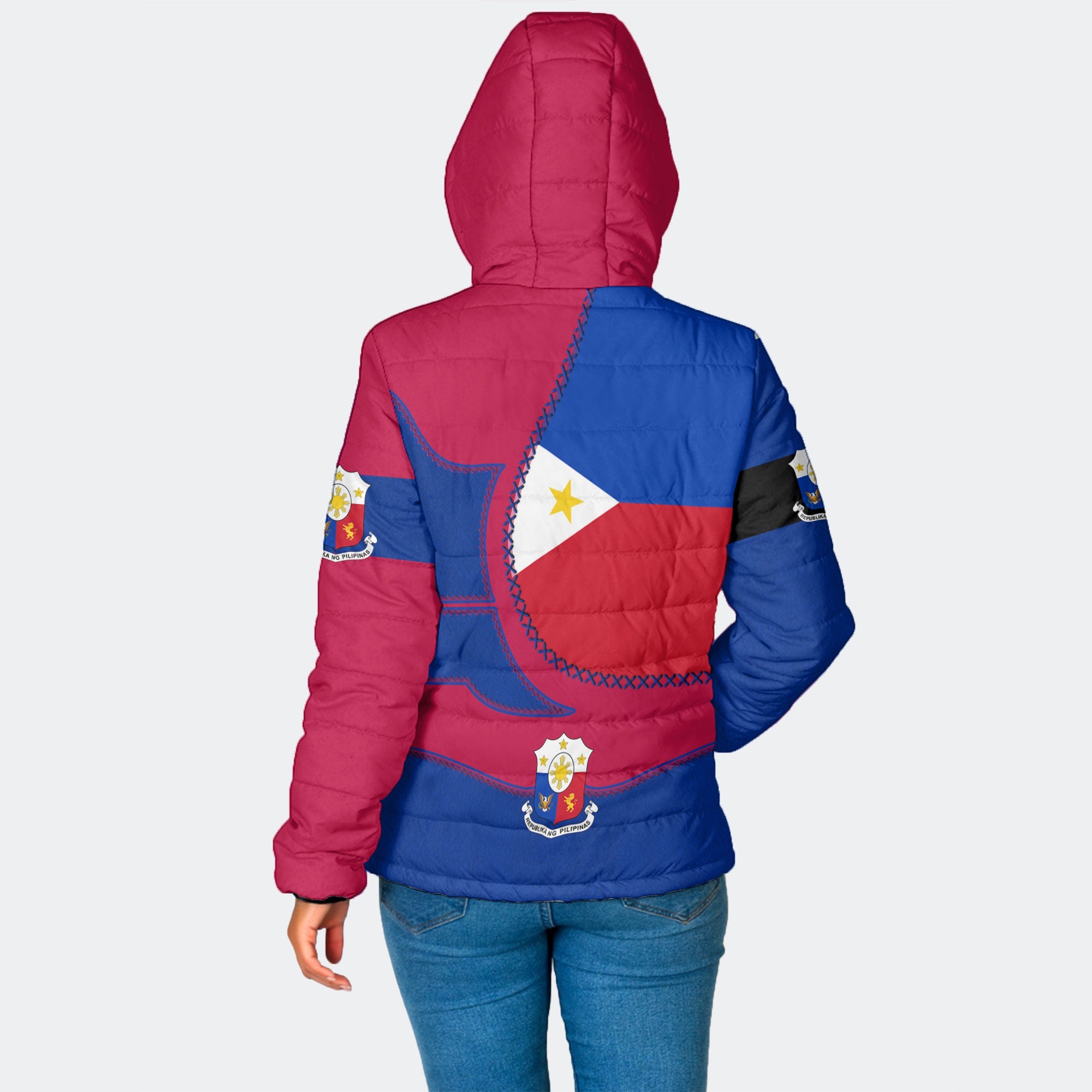 Philippines Women Hooded Padded Jacket Flag & Coat Of Arms Leather Style