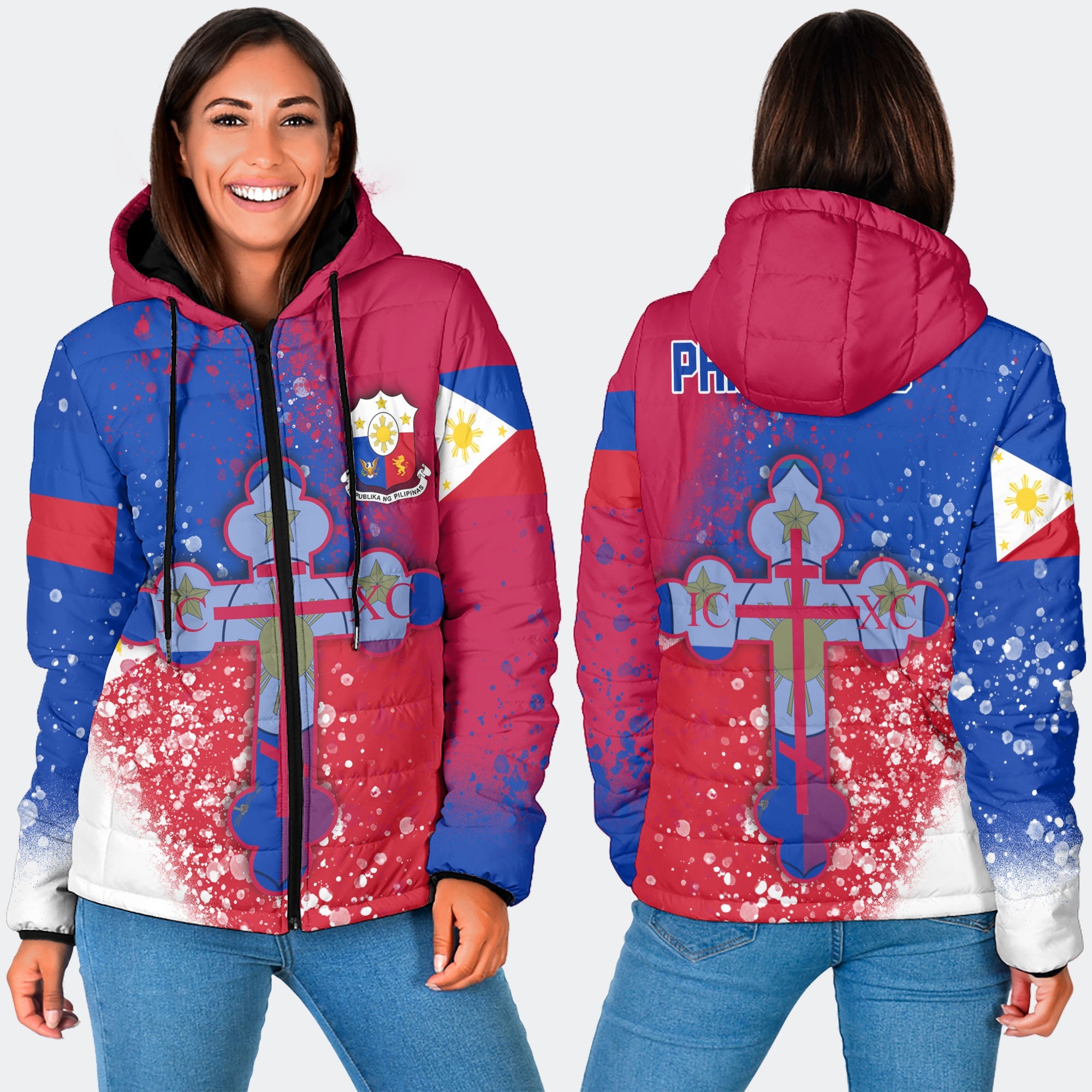 Philippines Women Hooded Padded Jacket Flag & Coat Of Arms Orthodox Style