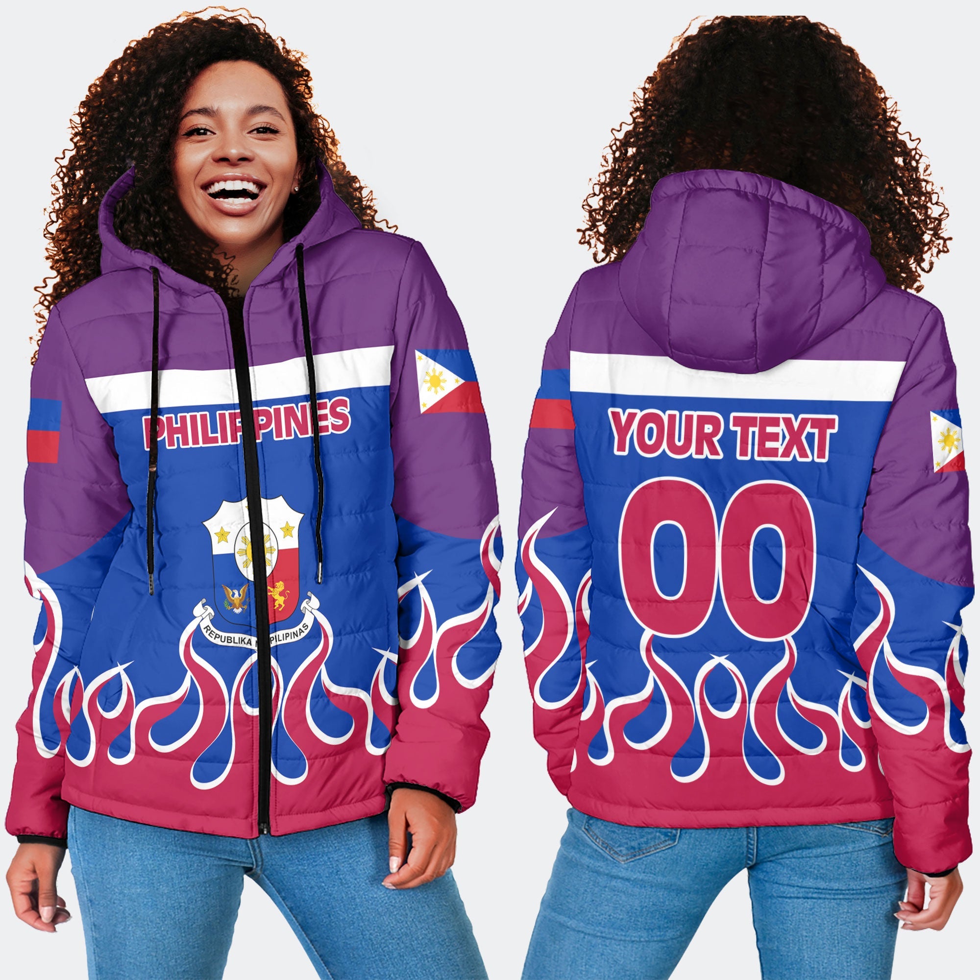 Philippines Women Hooded Padded Jacket Flag & Coat Of Arms Fire Hockey Style