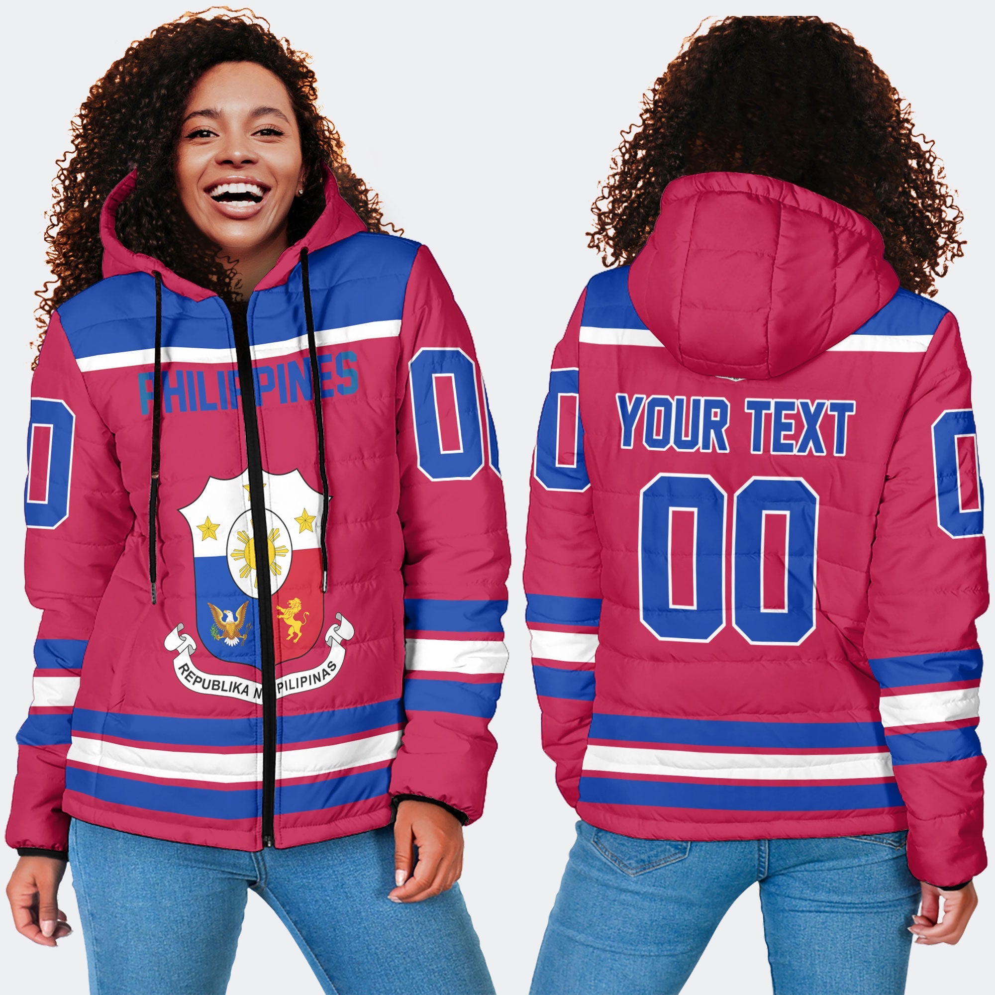 Philippines Women Hooded Padded Jacket Flag & Coat Of Arms Hockey Style