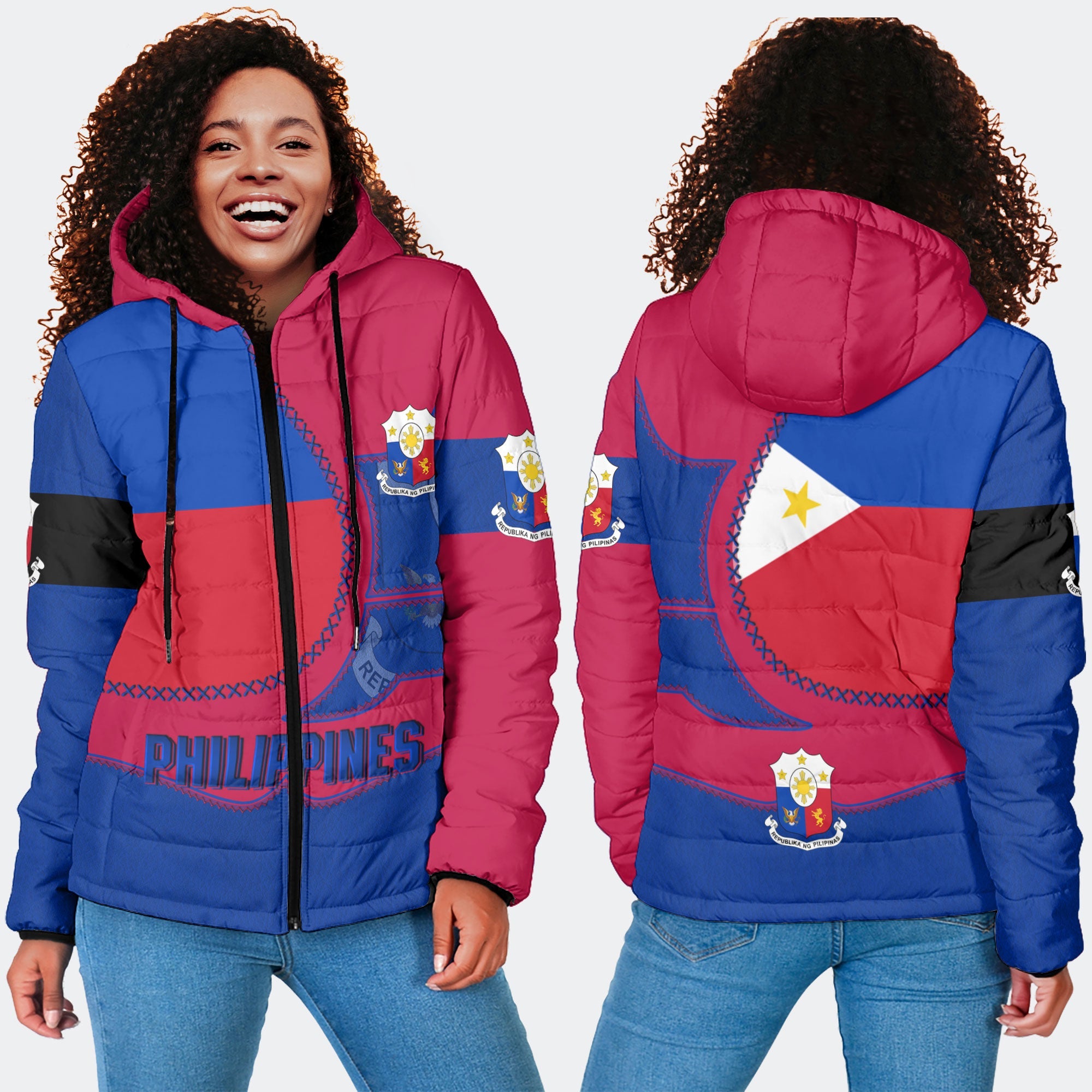 Philippines Women Hooded Padded Jacket Flag & Coat Of Arms Leather Style