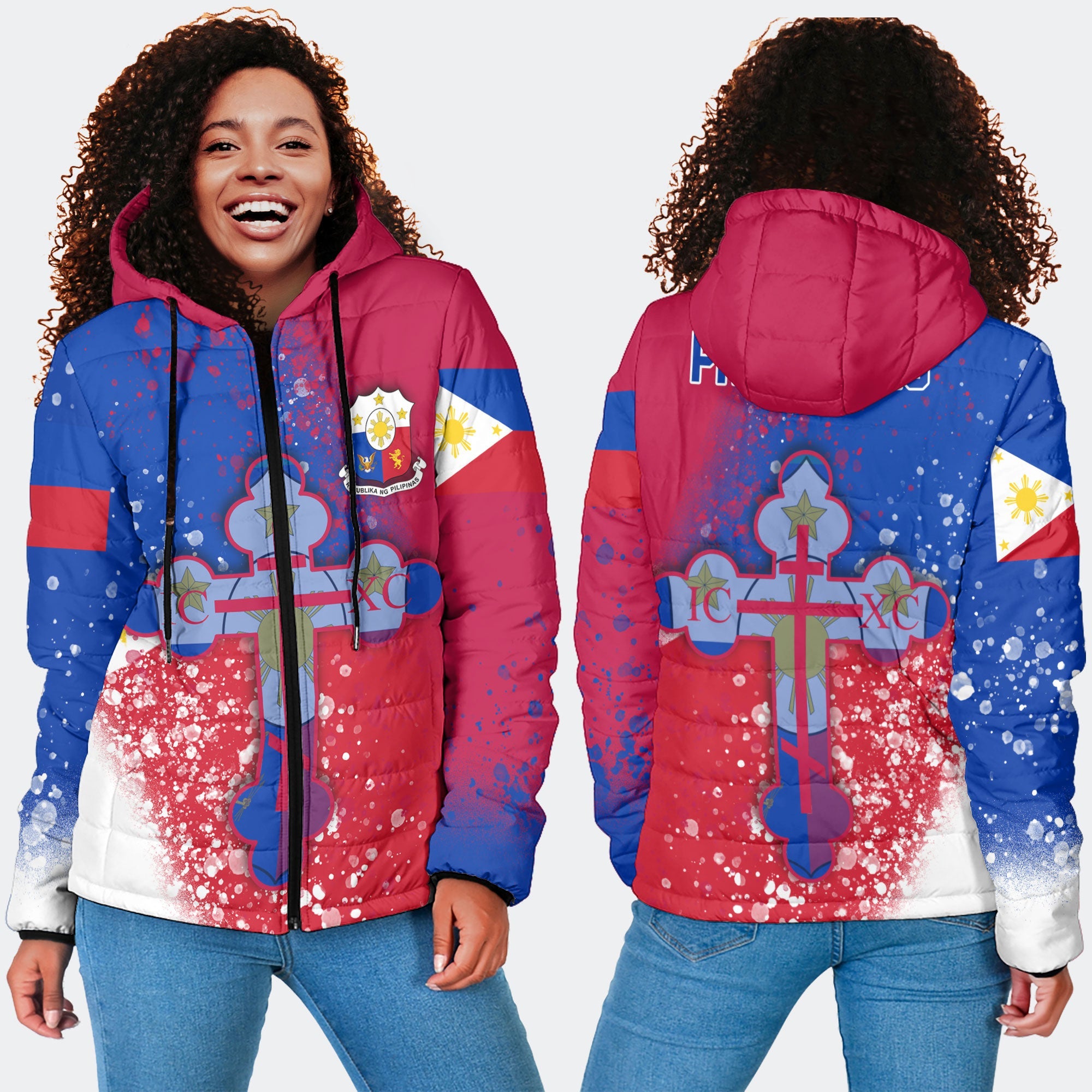 Philippines Women Hooded Padded Jacket Flag & Coat Of Arms Orthodox Style