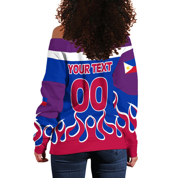 Philippines Women Off Shoulder Sweatshirt Flag & Coat Of Arms Fire Hockey Style