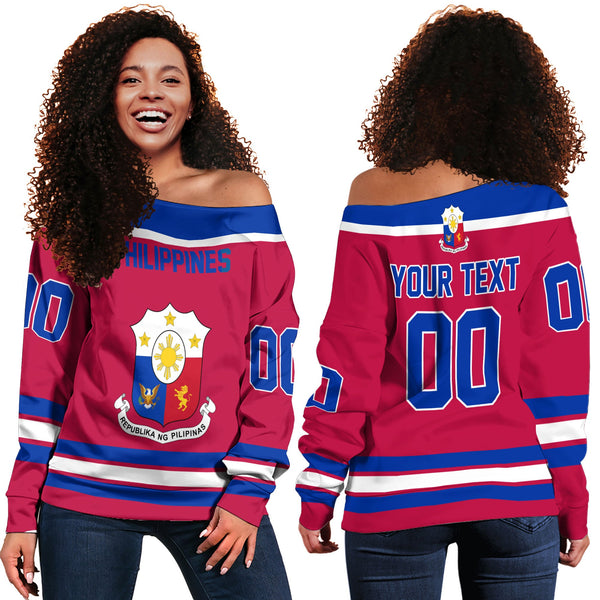 Philippines Women Off Shoulder Sweatshirt Flag & Coat Of Arms Hockey Style