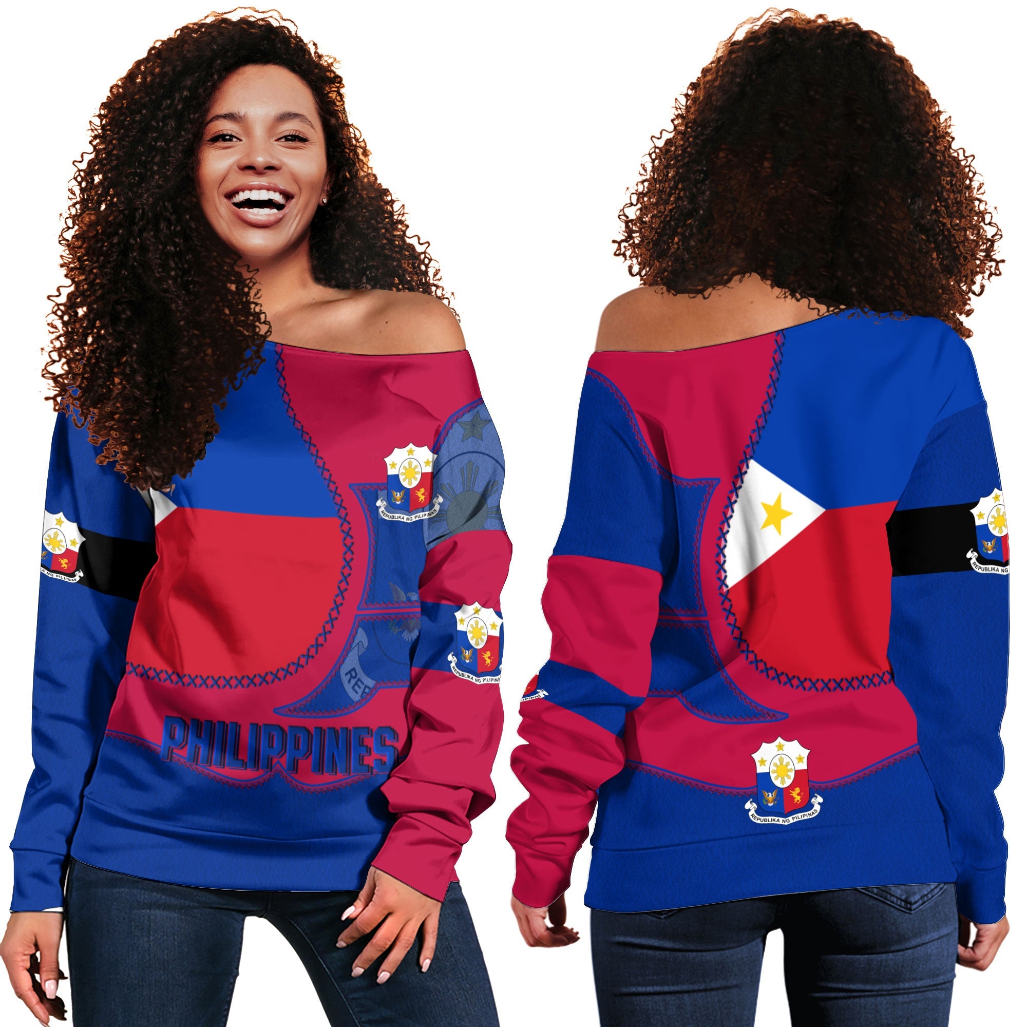 Philippines Women Off Shoulder Sweatshirt Flag & Coat Of Arms Leather Style