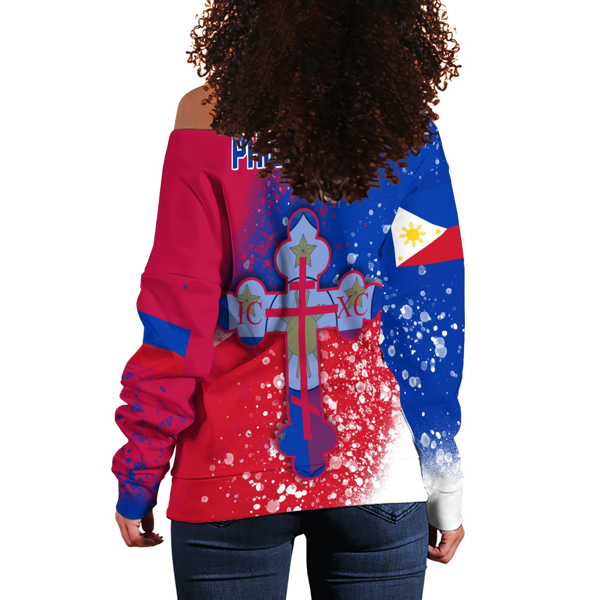 Philippines Women Off Shoulder Sweatshirt Flag & Coat Of Arms Orthodox Style