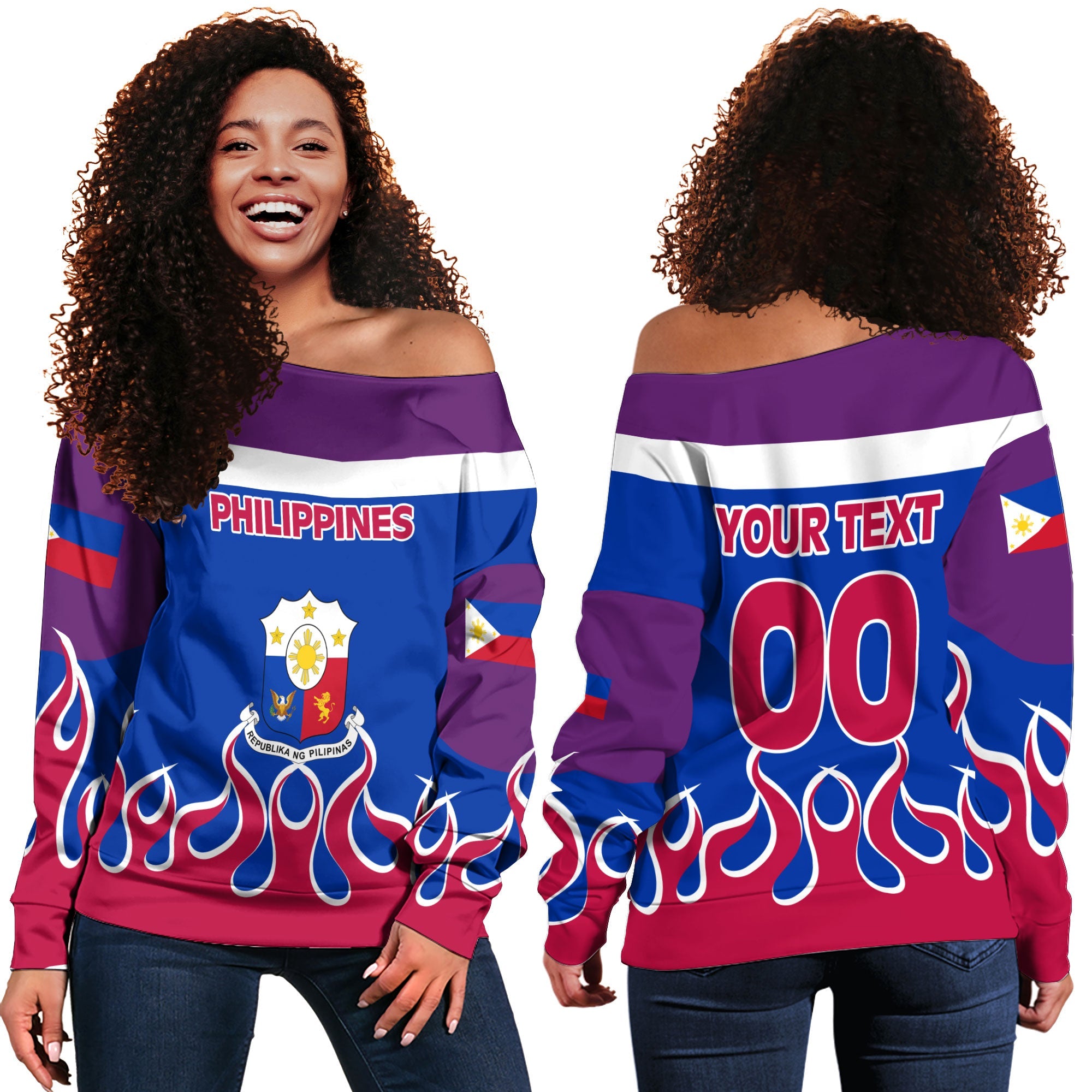 Philippines Women Off Shoulder Sweatshirt Flag & Coat Of Arms Fire Hockey Style