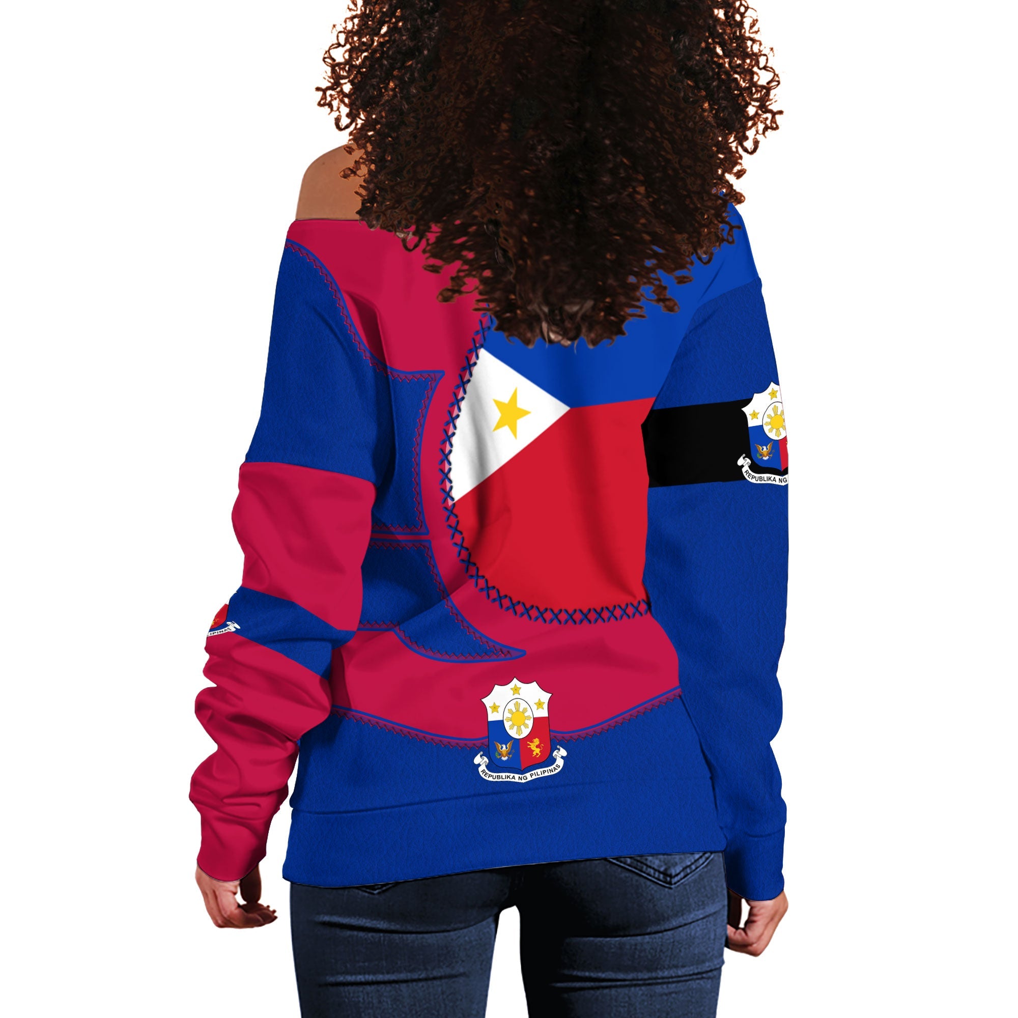 Philippines Women Off Shoulder Sweatshirt Flag & Coat Of Arms Leather Style