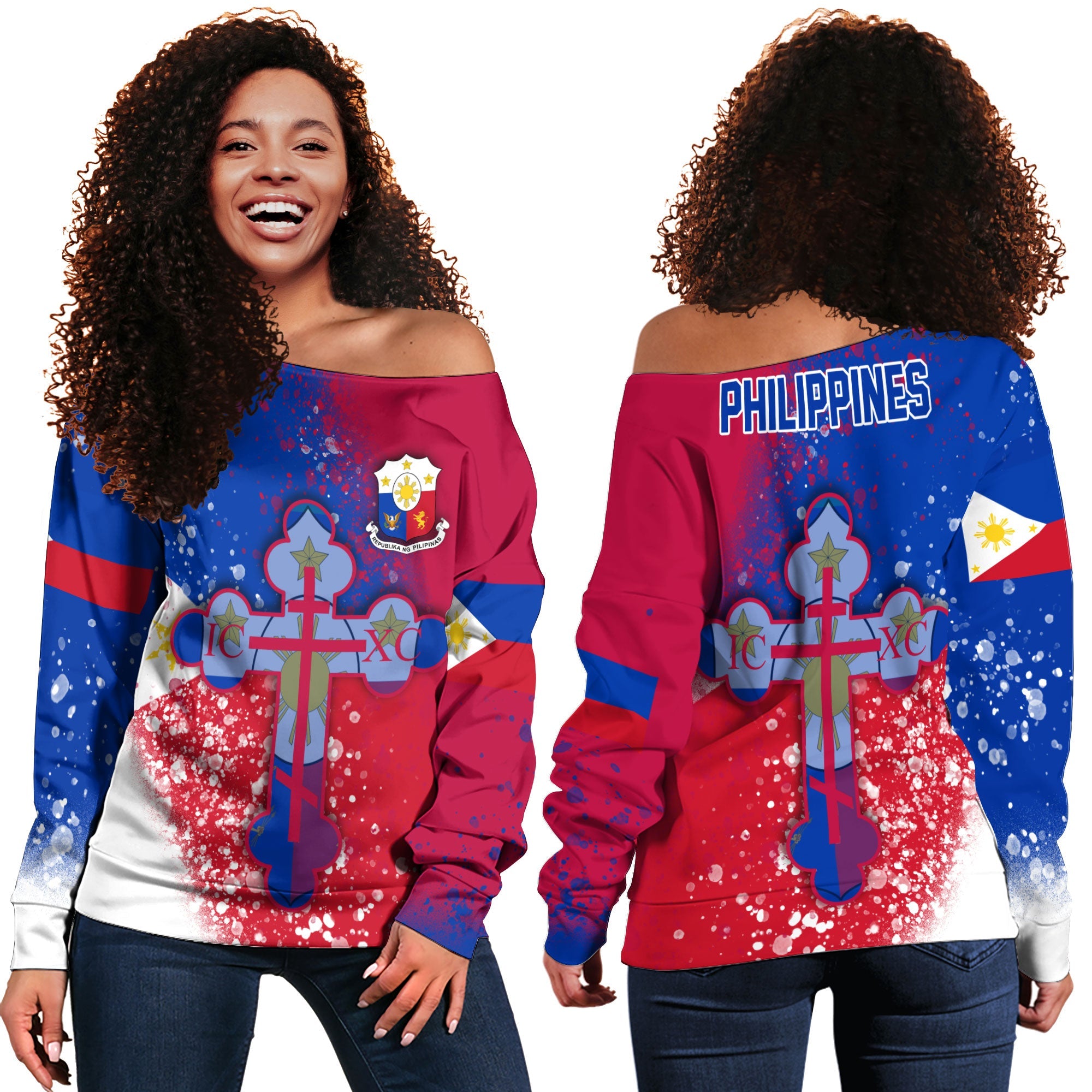 Philippines Women Off Shoulder Sweatshirt Flag & Coat Of Arms Orthodox Style