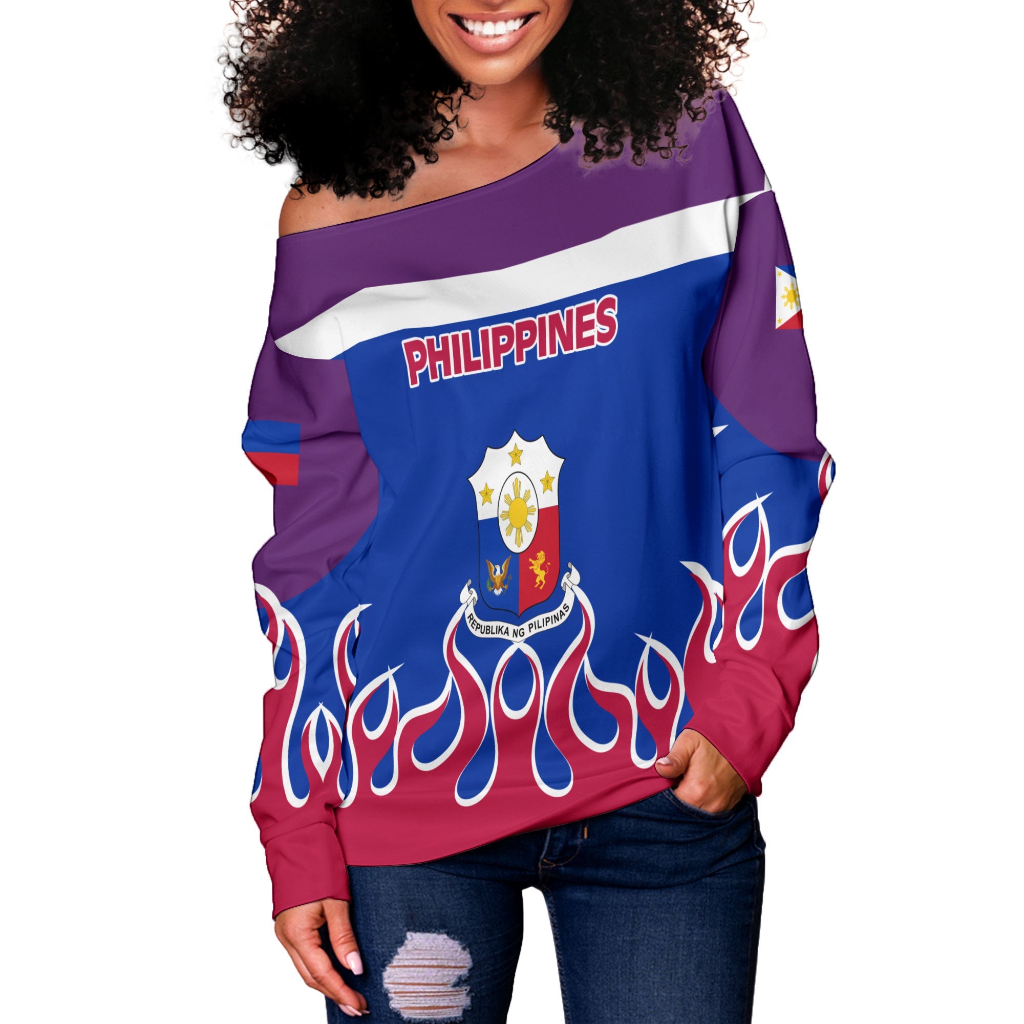 Philippines Women Off Shoulder Sweatshirt Flag & Coat Of Arms Fire Hockey Style