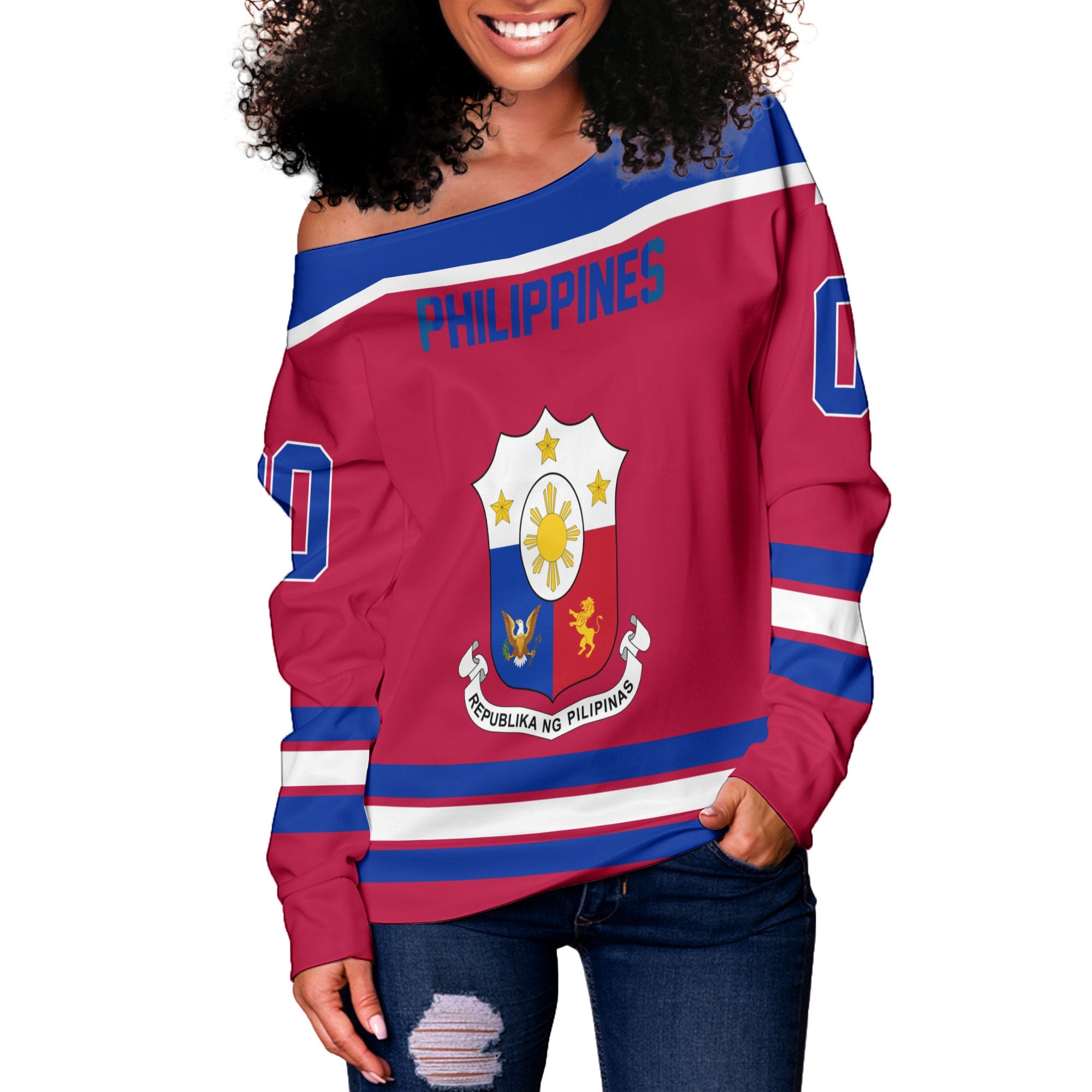 Philippines Women Off Shoulder Sweatshirt Flag & Coat Of Arms Hockey Style