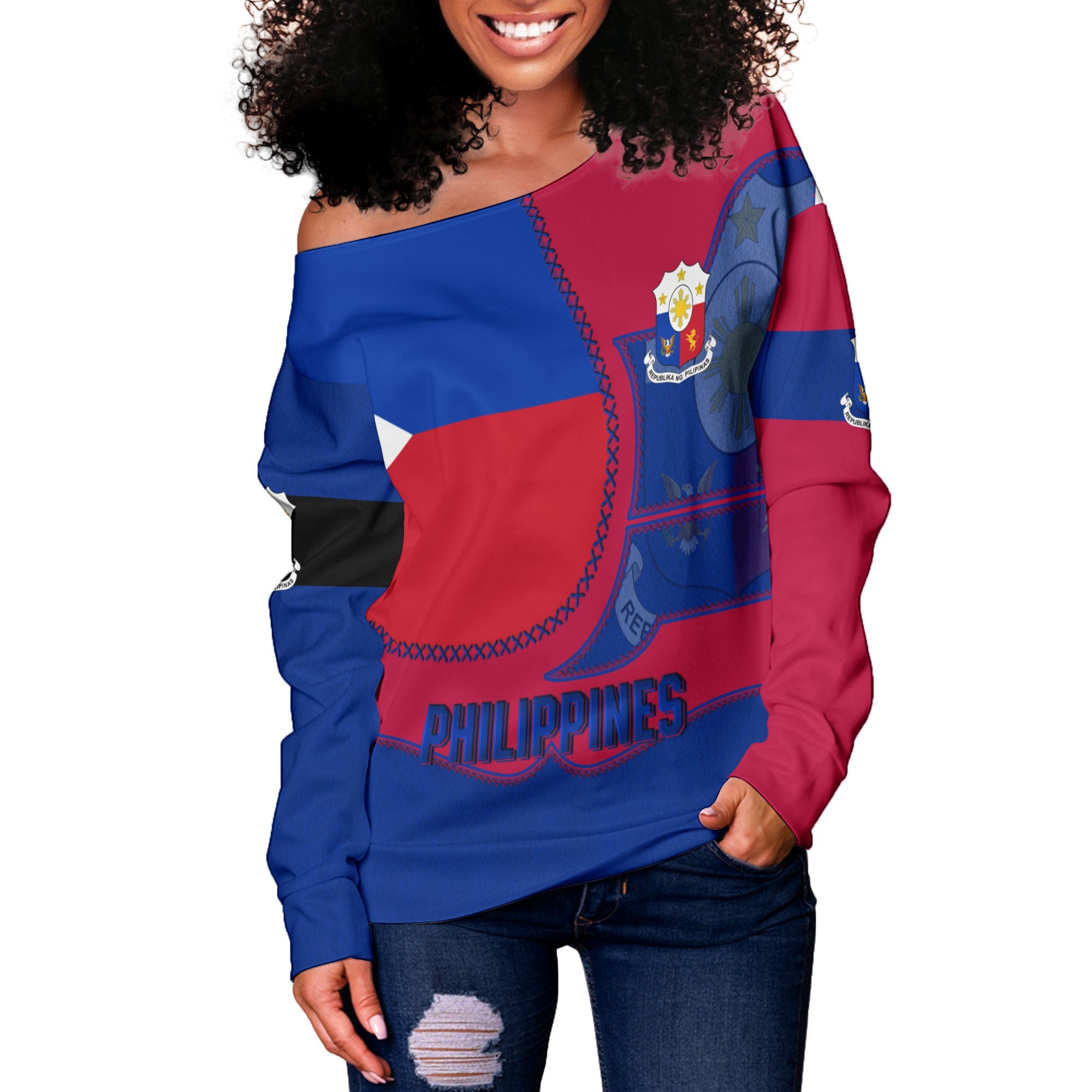 Philippines Women Off Shoulder Sweatshirt Flag & Coat Of Arms Leather Style