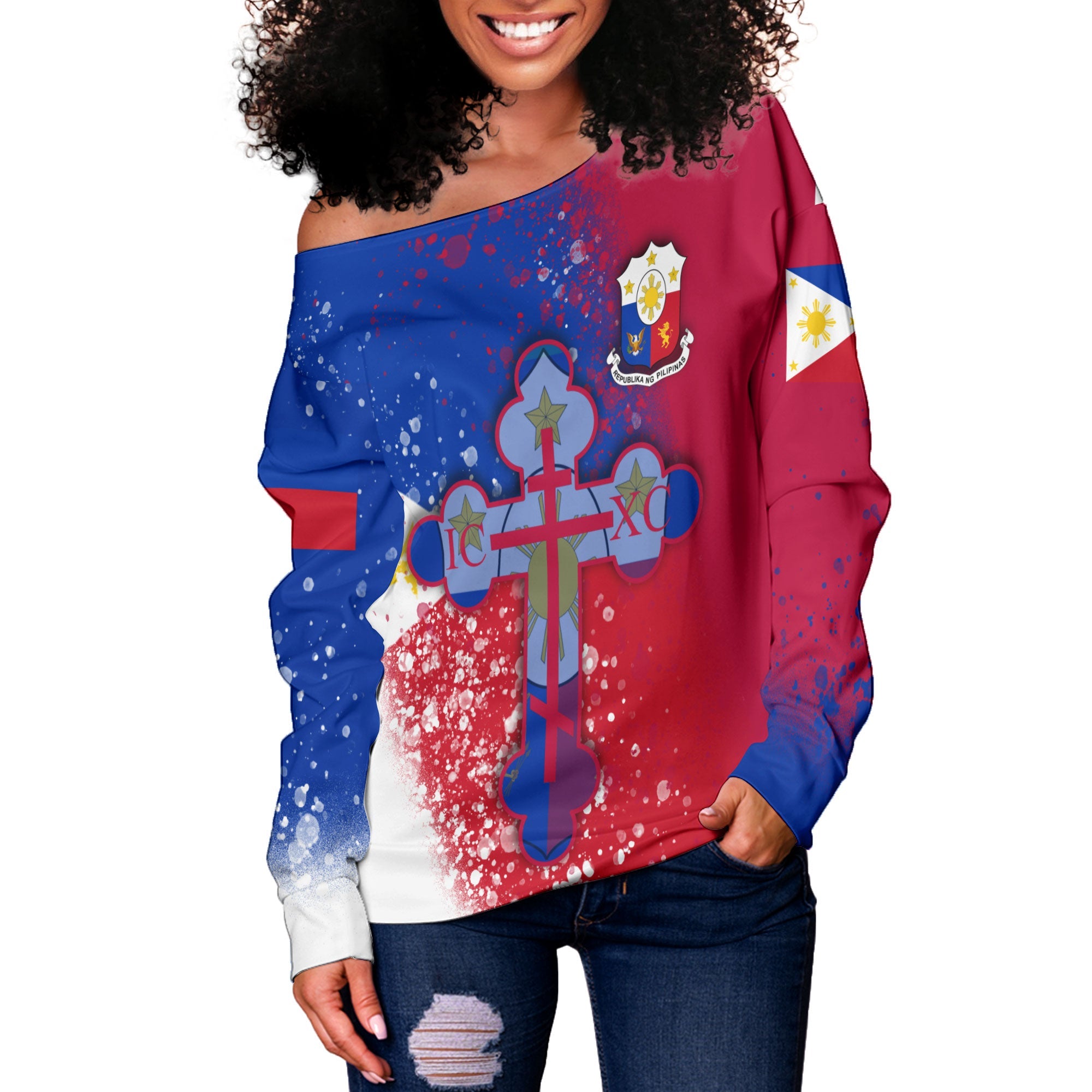 Philippines Women Off Shoulder Sweatshirt Flag & Coat Of Arms Orthodox Style