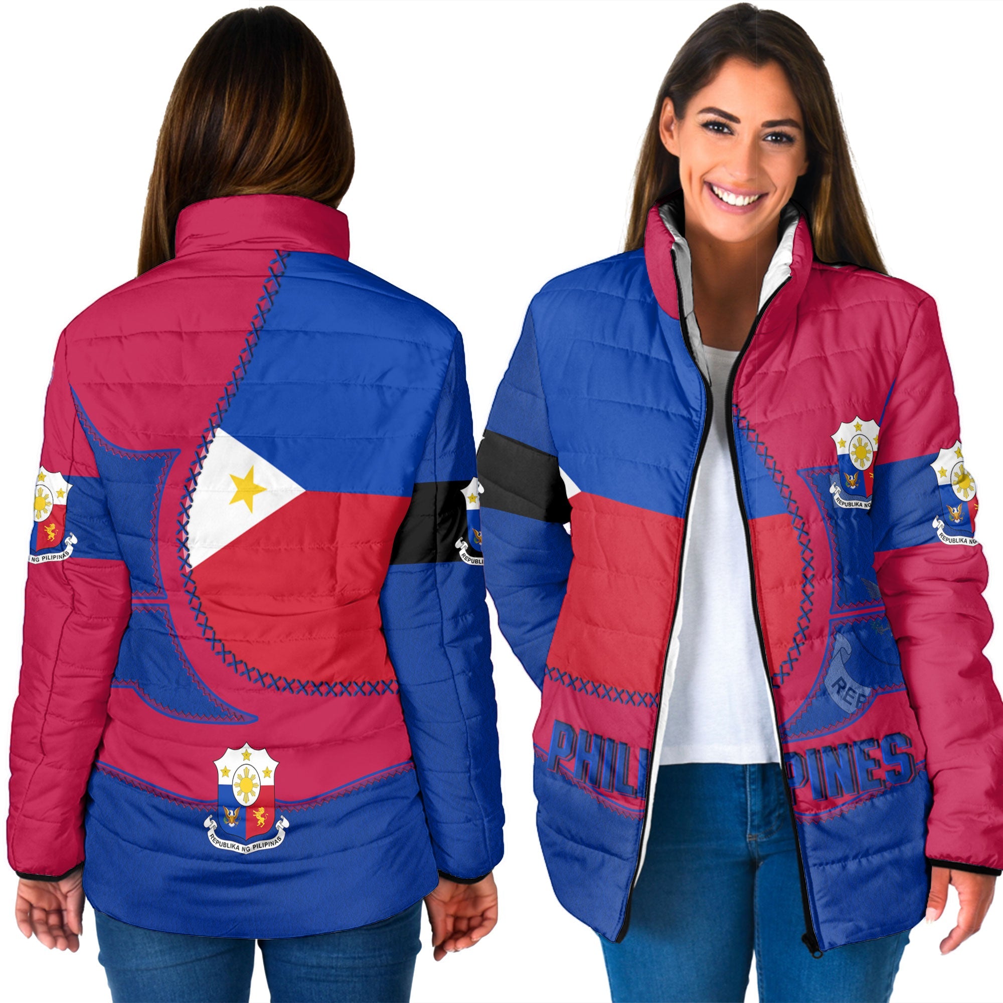 Philippines Women Padded Jacket Flag & Coat Of Arms Leather Style