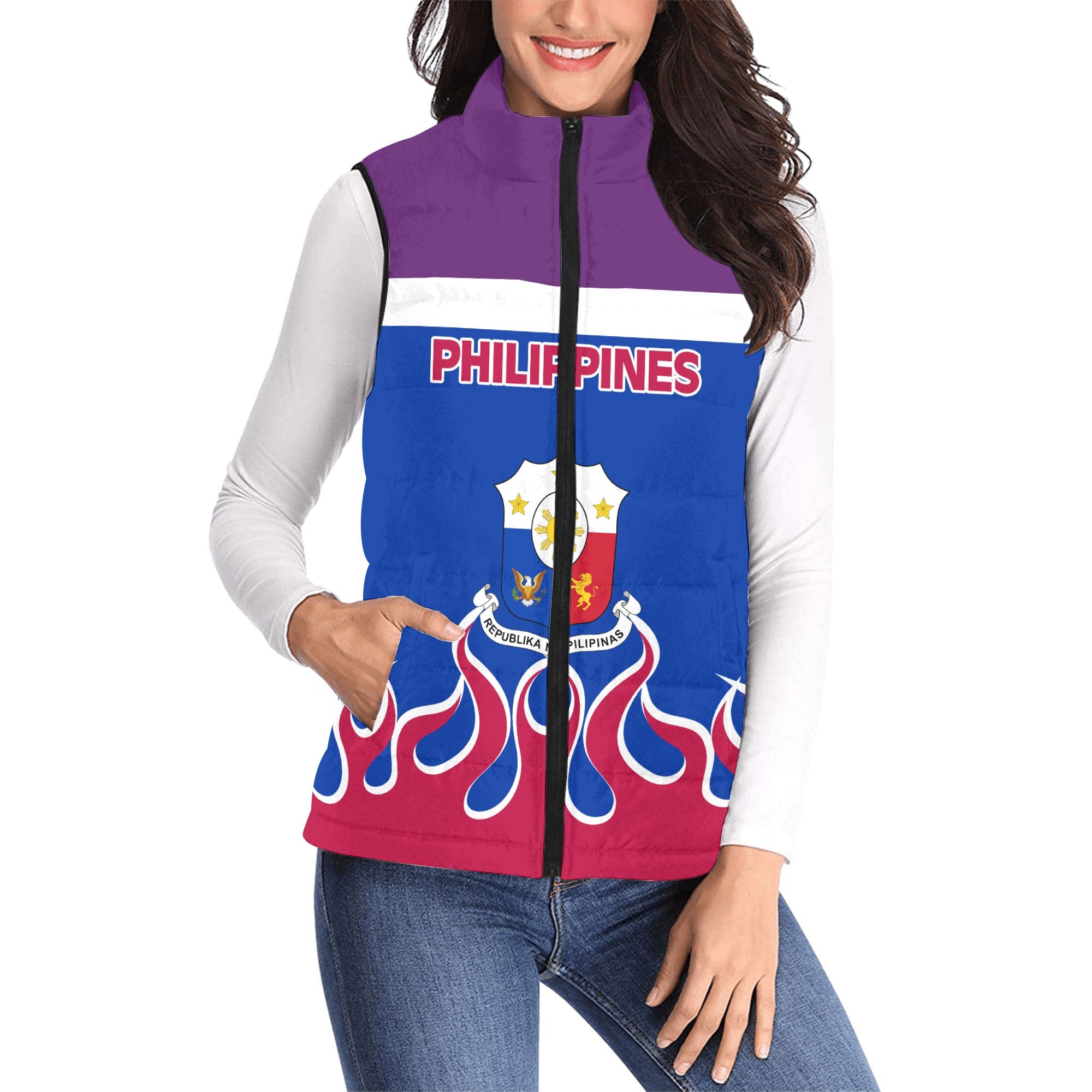 Philippines Women Padded Jacket Vest Flag & Coat Of Arms Fire Hockey Style