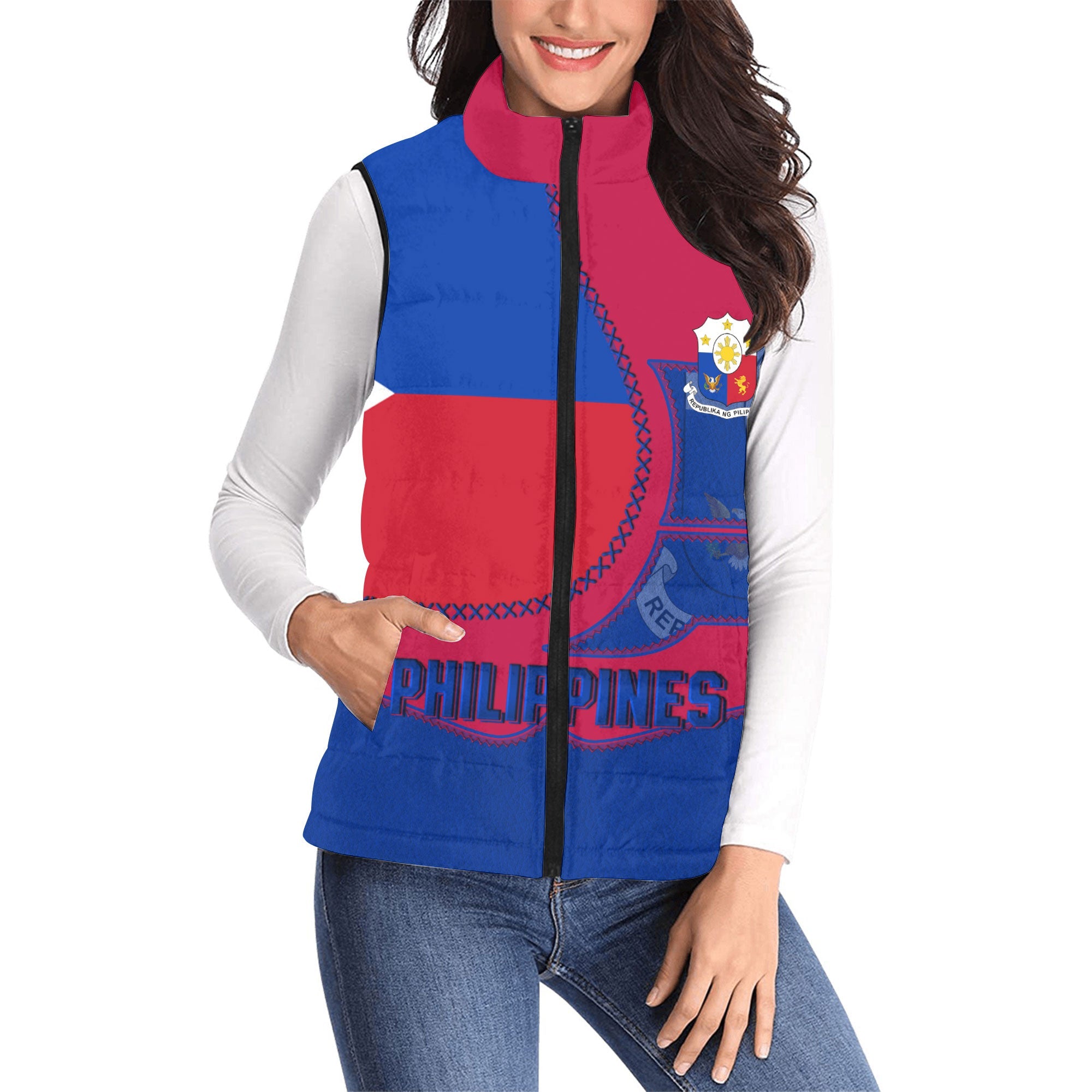 Philippines Women Padded Jacket Vest Flag & Coat Of Arms Leather Style