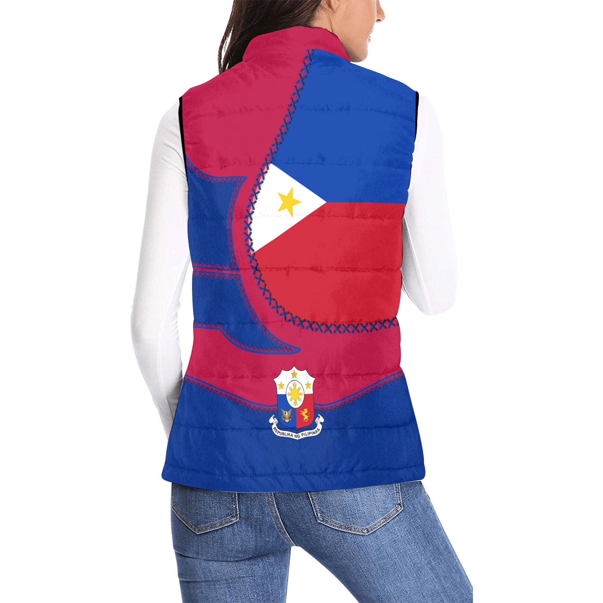 Philippines Women Padded Jacket Vest Flag & Coat Of Arms Leather Style