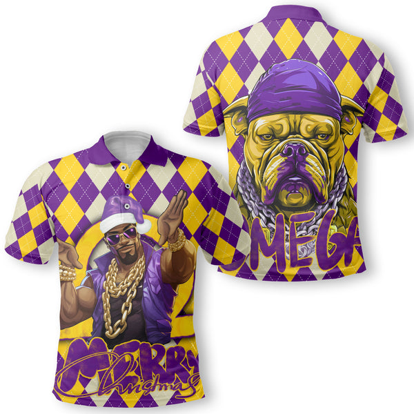 Fraternity Polo - OPP Christmas Polo Bulldog Purple Gold Caro Pattern Style