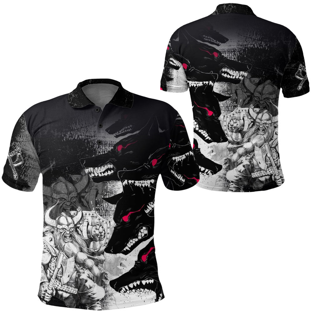 Viking Polo Shirt Berserker and Wolf Red Eyes