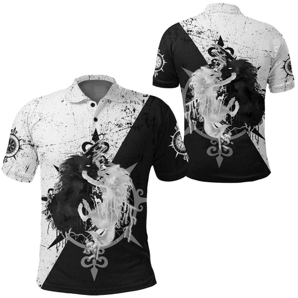 Viking Polo Shirt Skoll and Hati Fighter Black & White