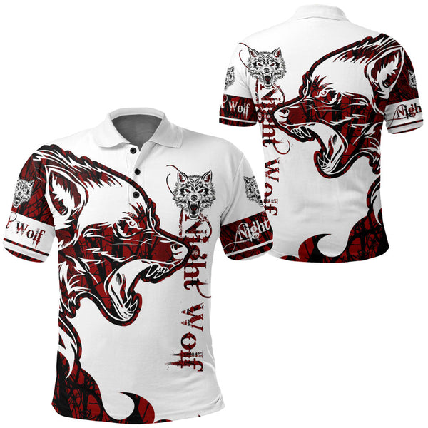 Viking Polo Shirt Night Wolf Red Brush Pattern