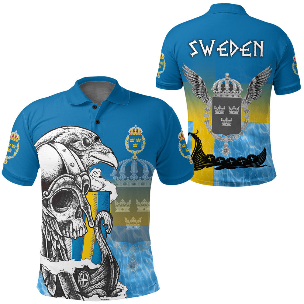 Viking Polo Shirt Sweden Raven Drakkar and Skull