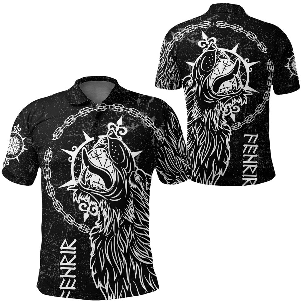 Viking Polo Shirt Wolf Fenrir To Old Norse Mythology On White Brush Style