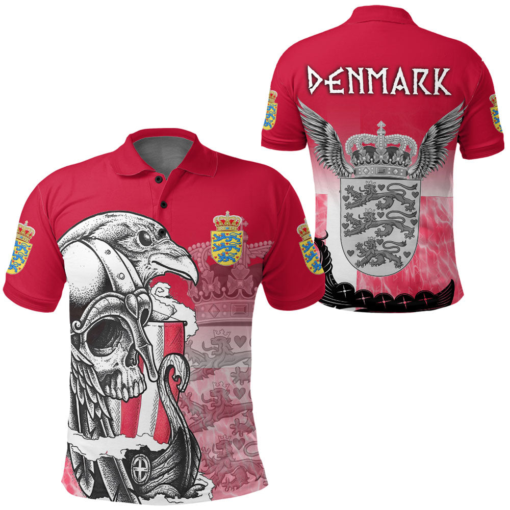 Viking Polo Shirt Denmark Raven Drakkar and Skull