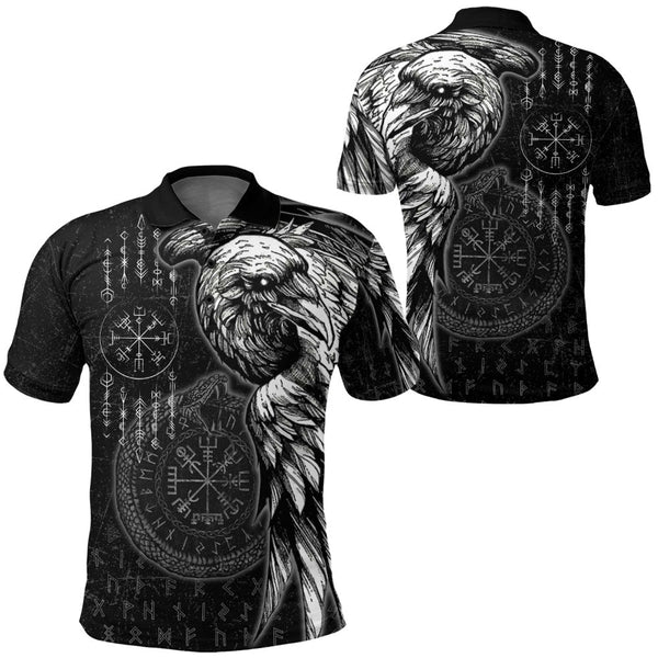 Viking Polo Shirt Raven and Ouroboros Brush Style