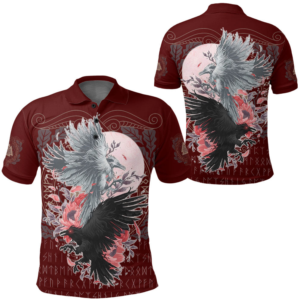 Viking Polo Shirt Raven Black and White Red Yggdrasil