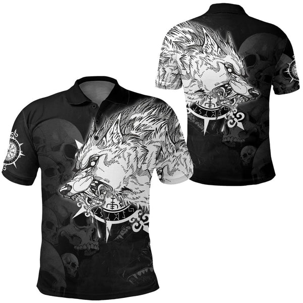 Viking Polo Shirt Fenrir Wolf Skull and Sun Vegvisir