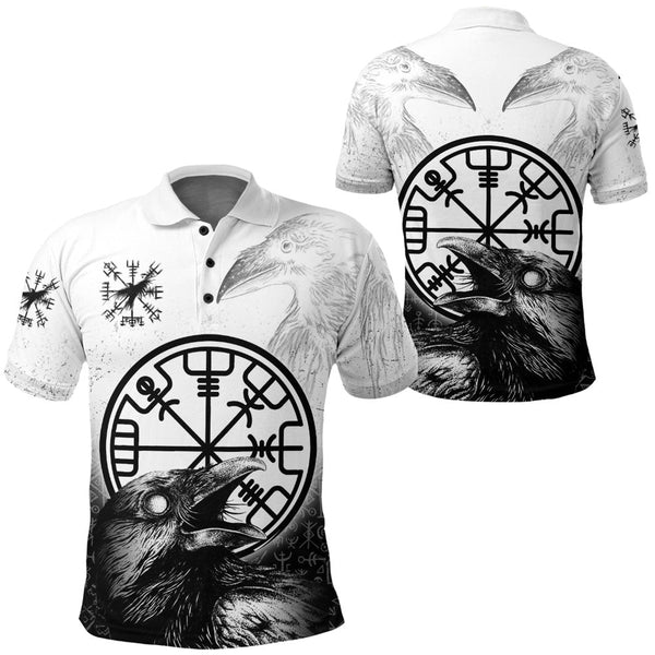 Viking Polo Shirt Viking Raven Black and White Vegvisir