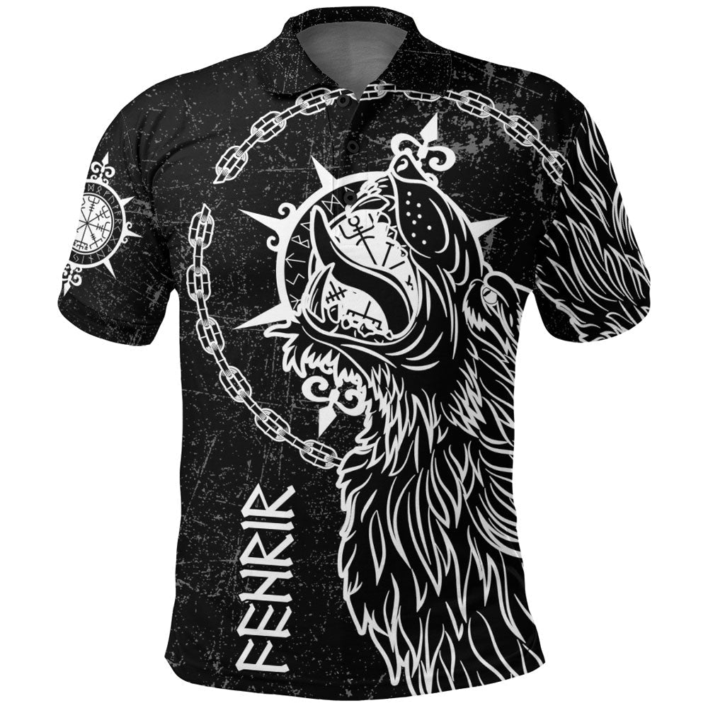 Viking Polo Shirt Wolf Fenrir To Old Norse Mythology On White Brush Style