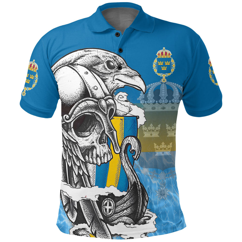 Viking Polo Shirt Sweden Raven Drakkar and Skull